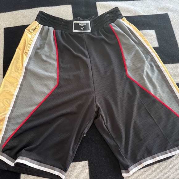 Balmain Men’s Black Athletic Shorts with Gray Gold & Red Accents